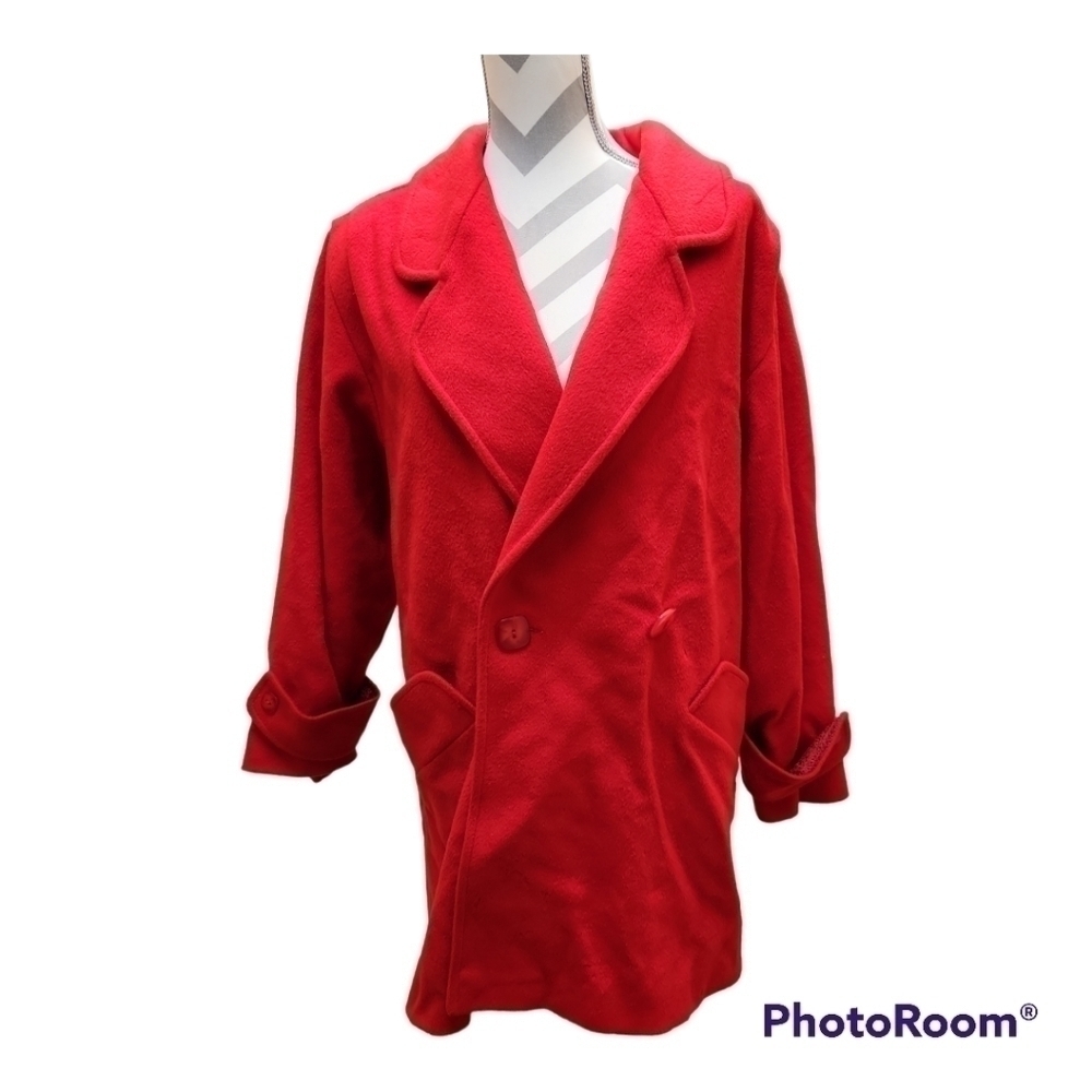 80s Oversized Pleated Red Wool Coat - Picture 2 of 15